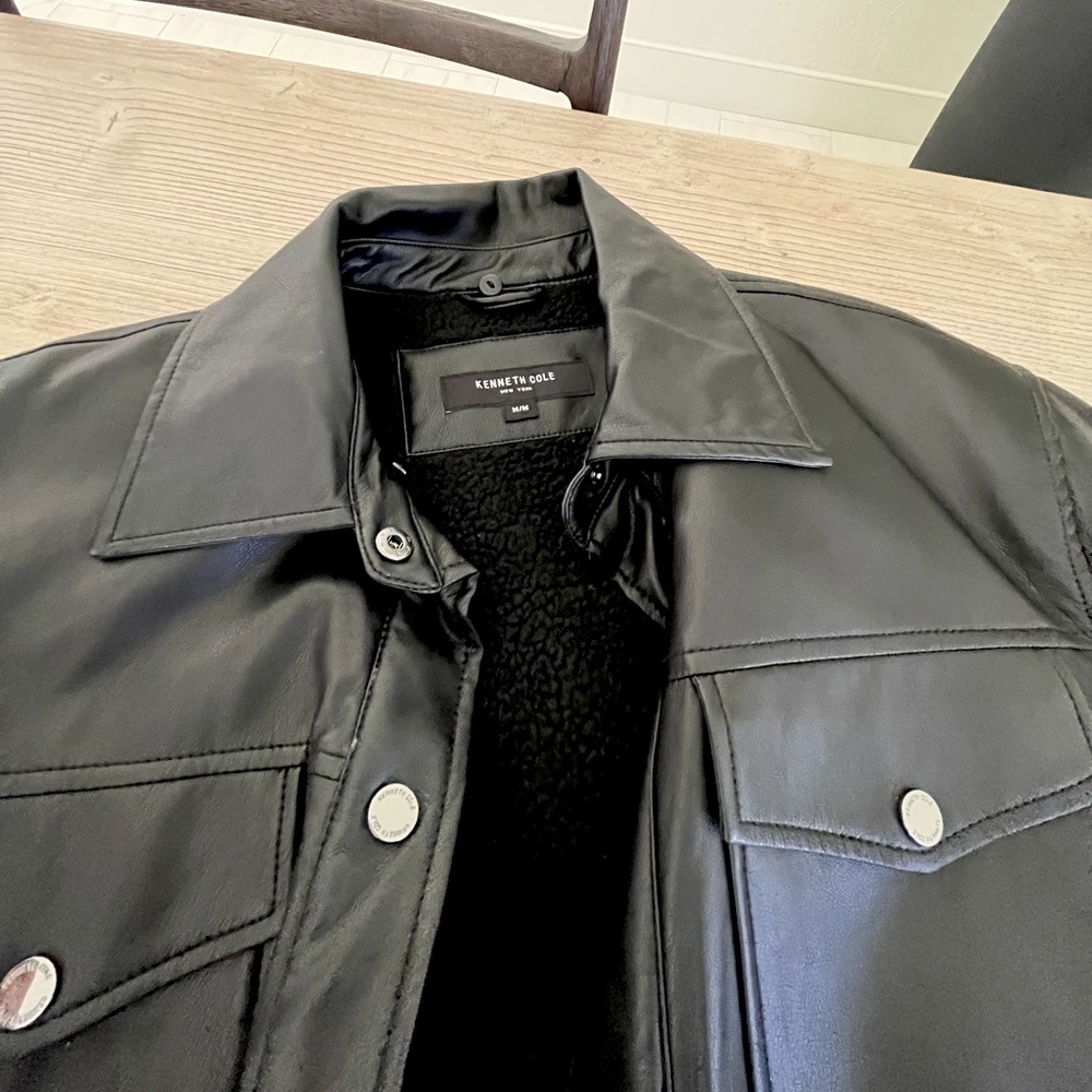 Kenneth Cole- Faux Leather & Sherpa Belted Shirt Jacket - Picture 3 of 10